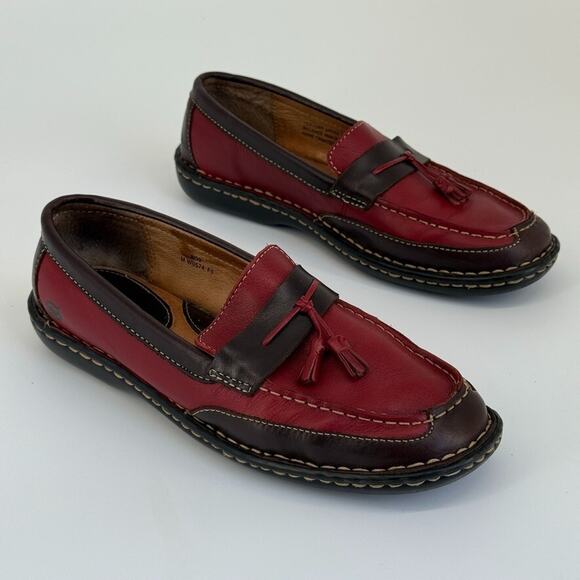 Born Womens Loafers Shoes 8 Red Brown Tassel Slip On Leather Retro - Picture 2 of 12